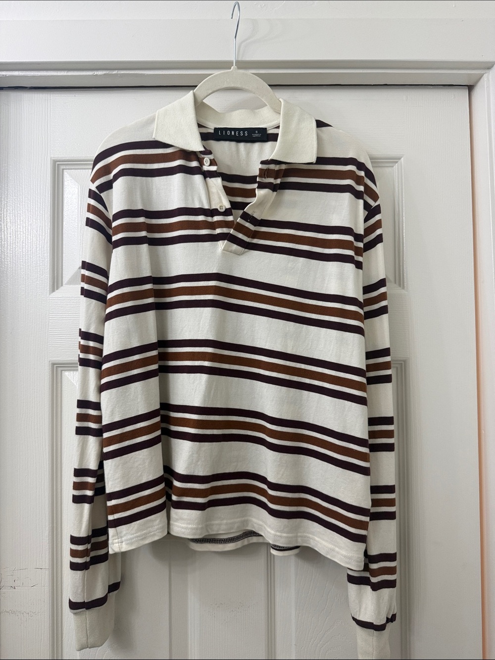 Lioness Cream, Brown & Dark Brown Striped Long-Sleeve Polo